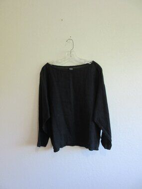 EILEEN FISHER Black Semi Sheer L Irish Linen Pullover 3/4 Sleeve Blouse